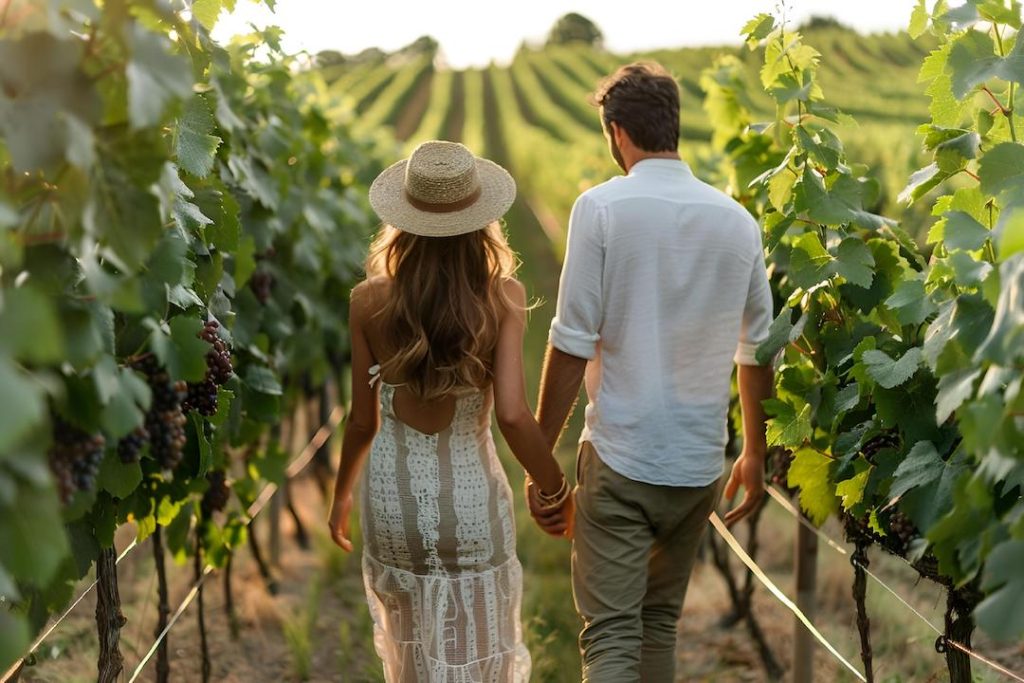 a couple holding hands and walking through the vineyards on their honeymoon