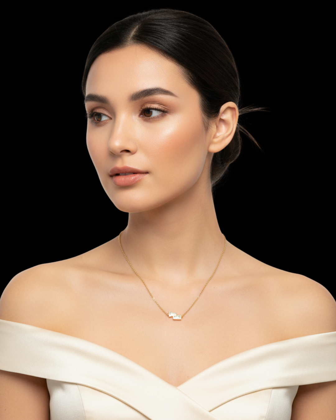 model wearing Bell & Brunt fancy cut diamond pendant
