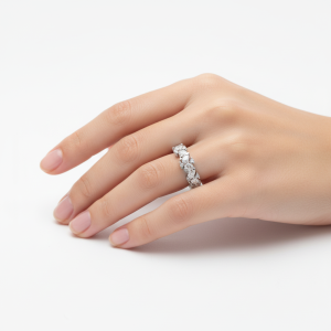 model wearing a fancy cut diamond wedding ring made by bell & brunt jewellers in Adelaide