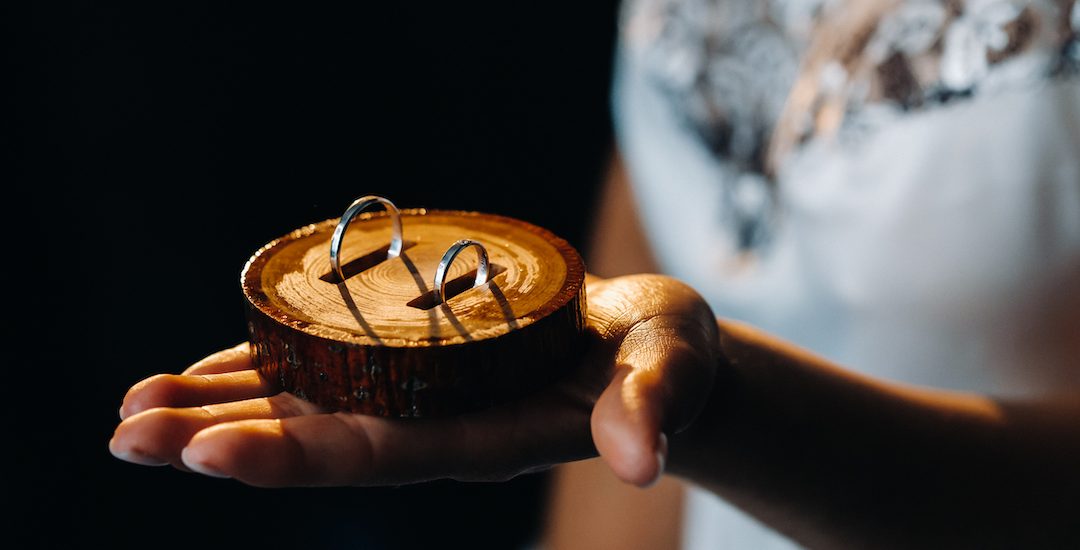 Close-up of two gold wedding rings for the wedding lie on the hand.