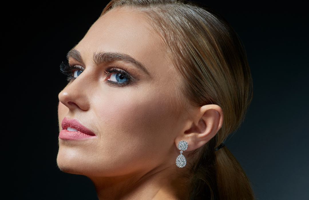 model wearing diamond chandelier earrings